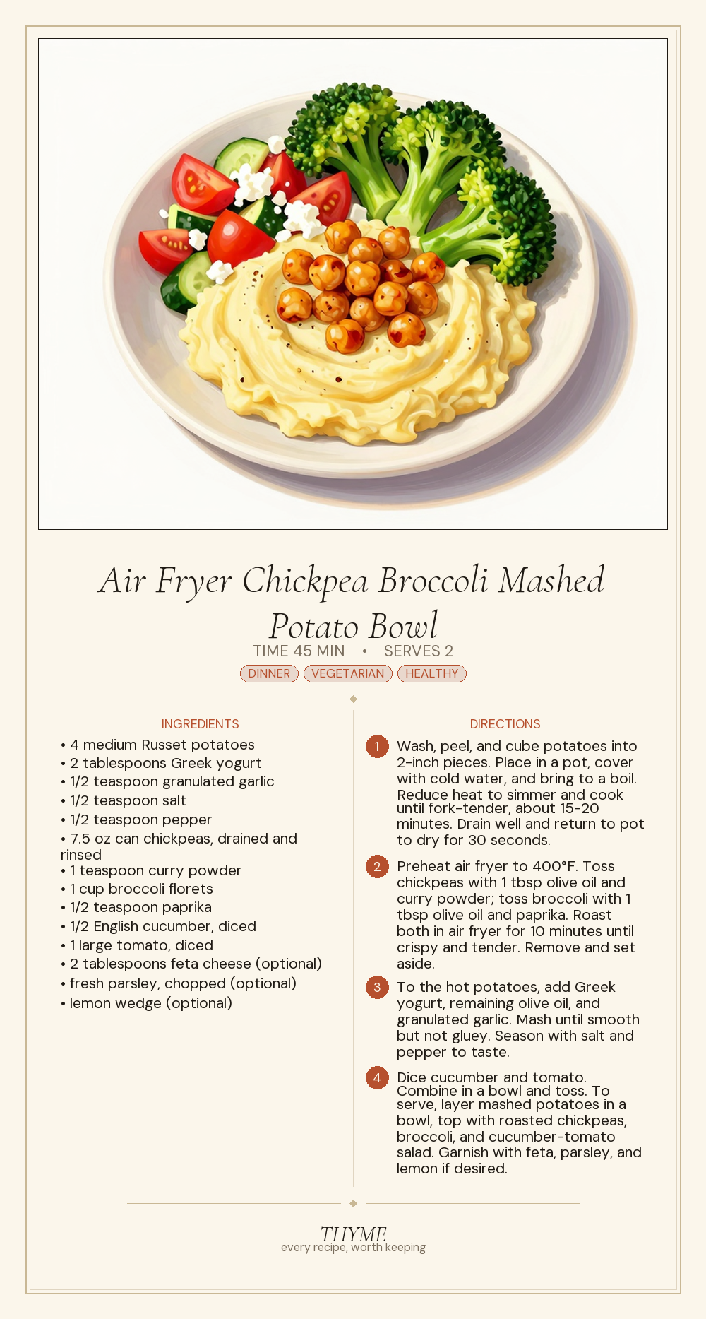 Air Fryer Chickpea Broccoli Mashed Potato Bowl