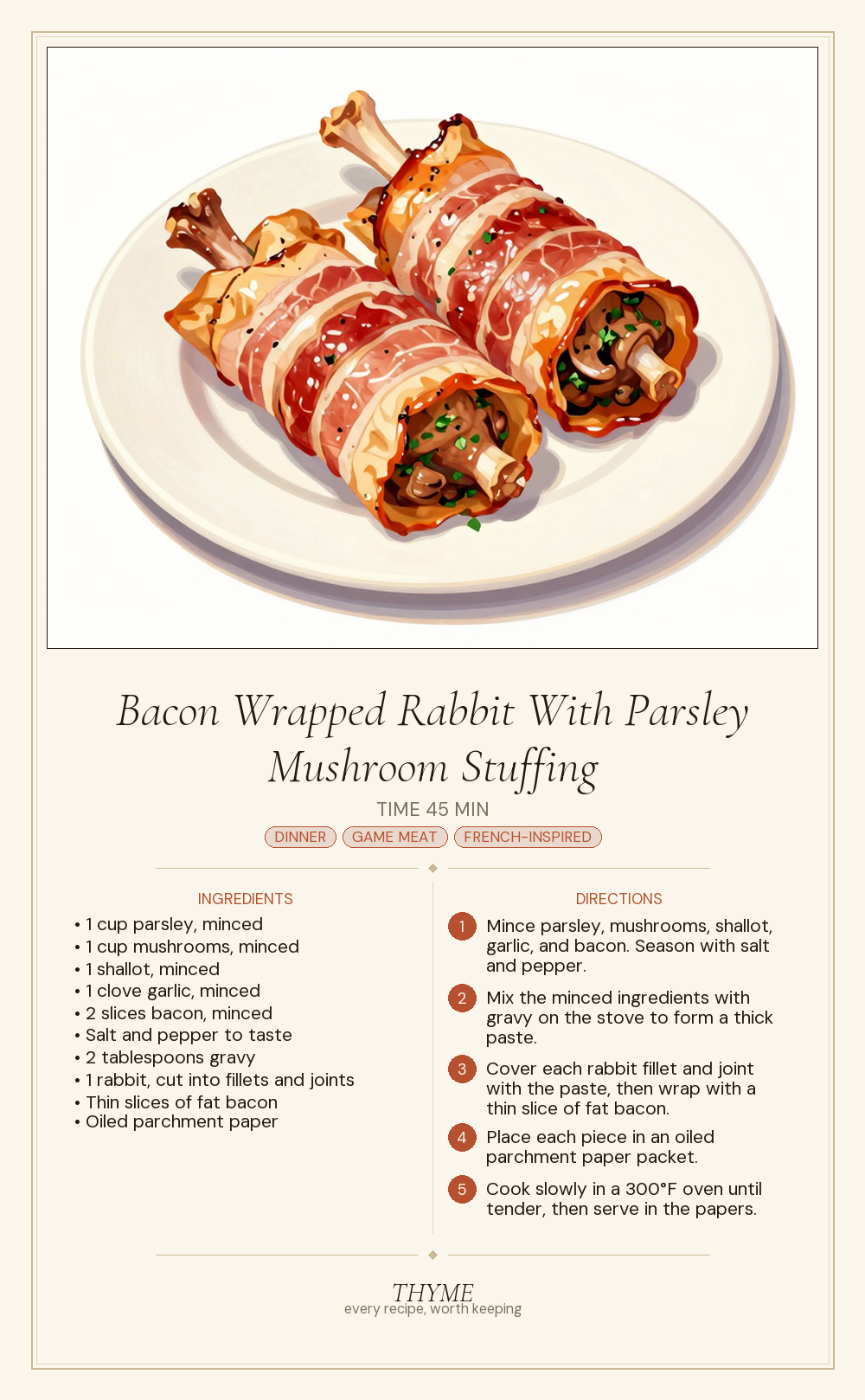 Bacon Wrapped Rabbit With Parsley Mushroom Stuffing