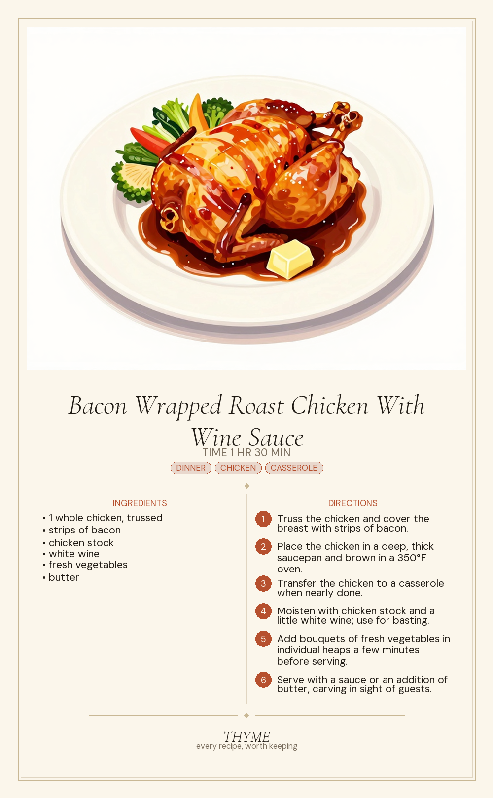 Bacon Wrapped Roast Chicken With Wine Sauce