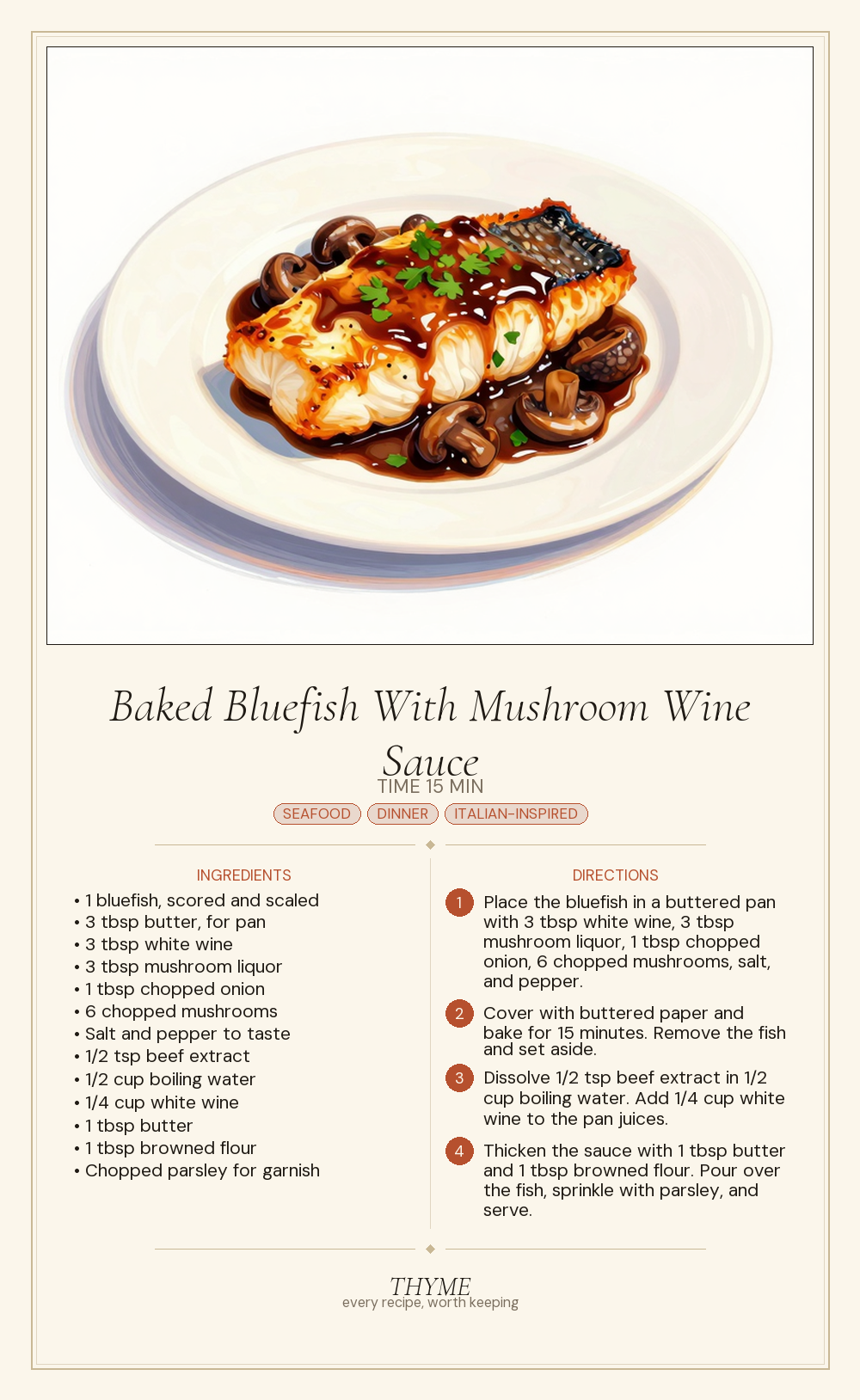 Baked Bluefish With Mushroom Wine Sauce