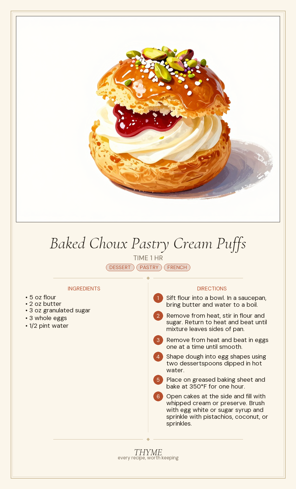 Baked Choux Pastry Cream Puffs