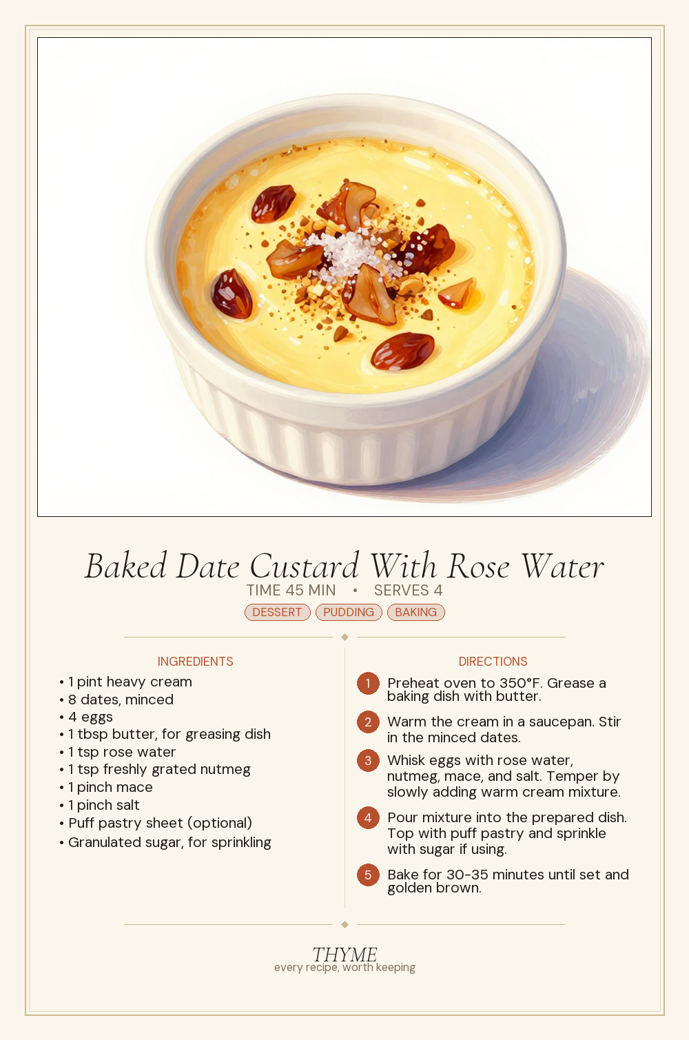 Baked Date Custard With Rose Water