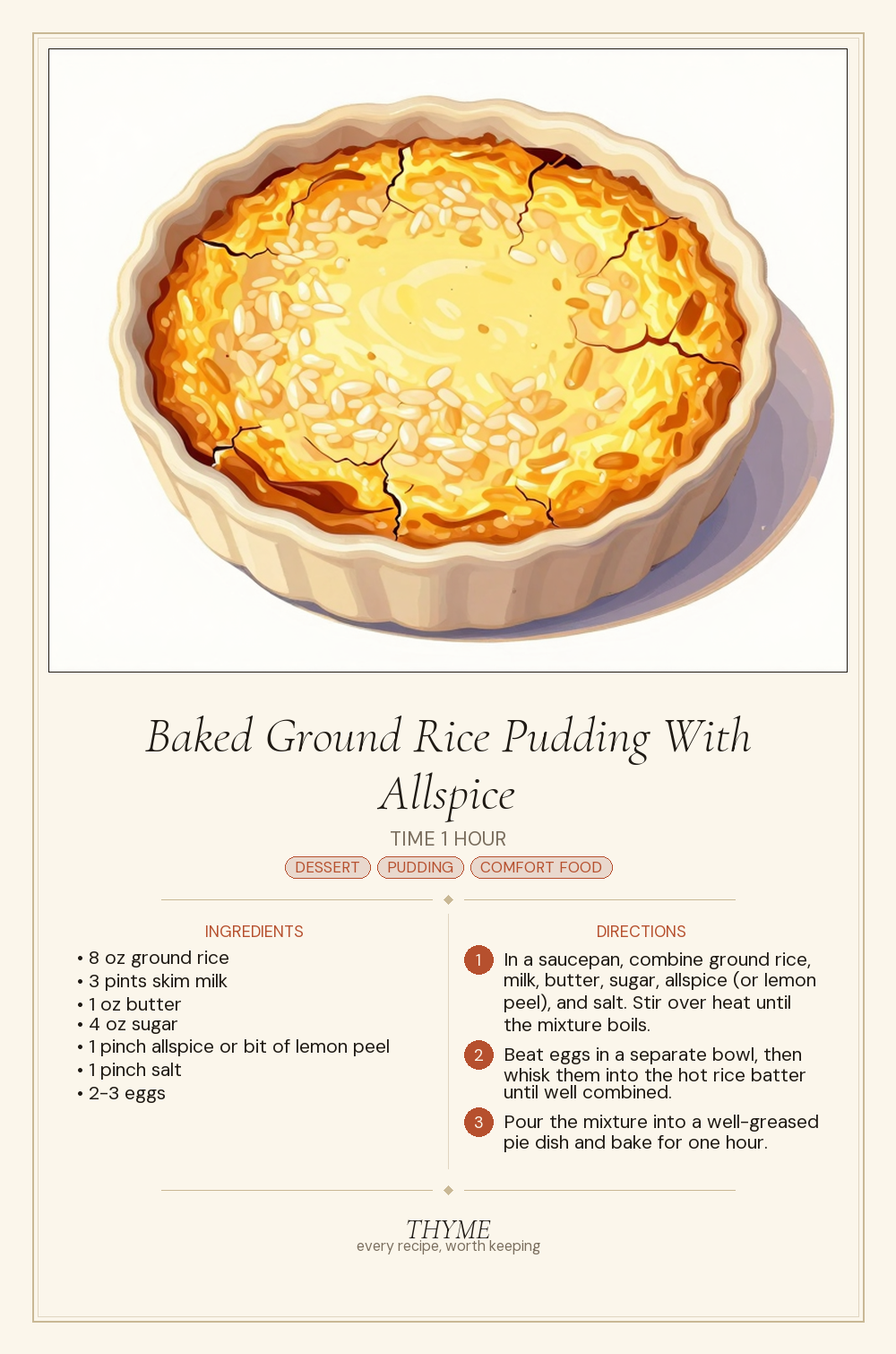 Baked Ground Rice Pudding With Allspice