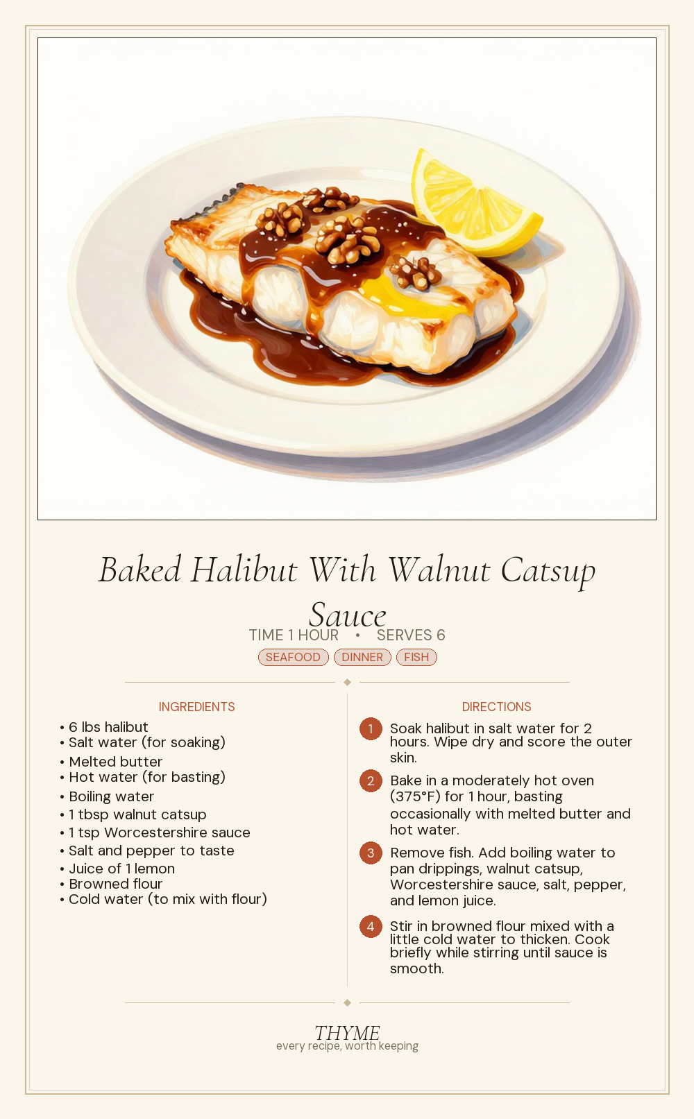 Baked Halibut With Walnut Catsup Sauce