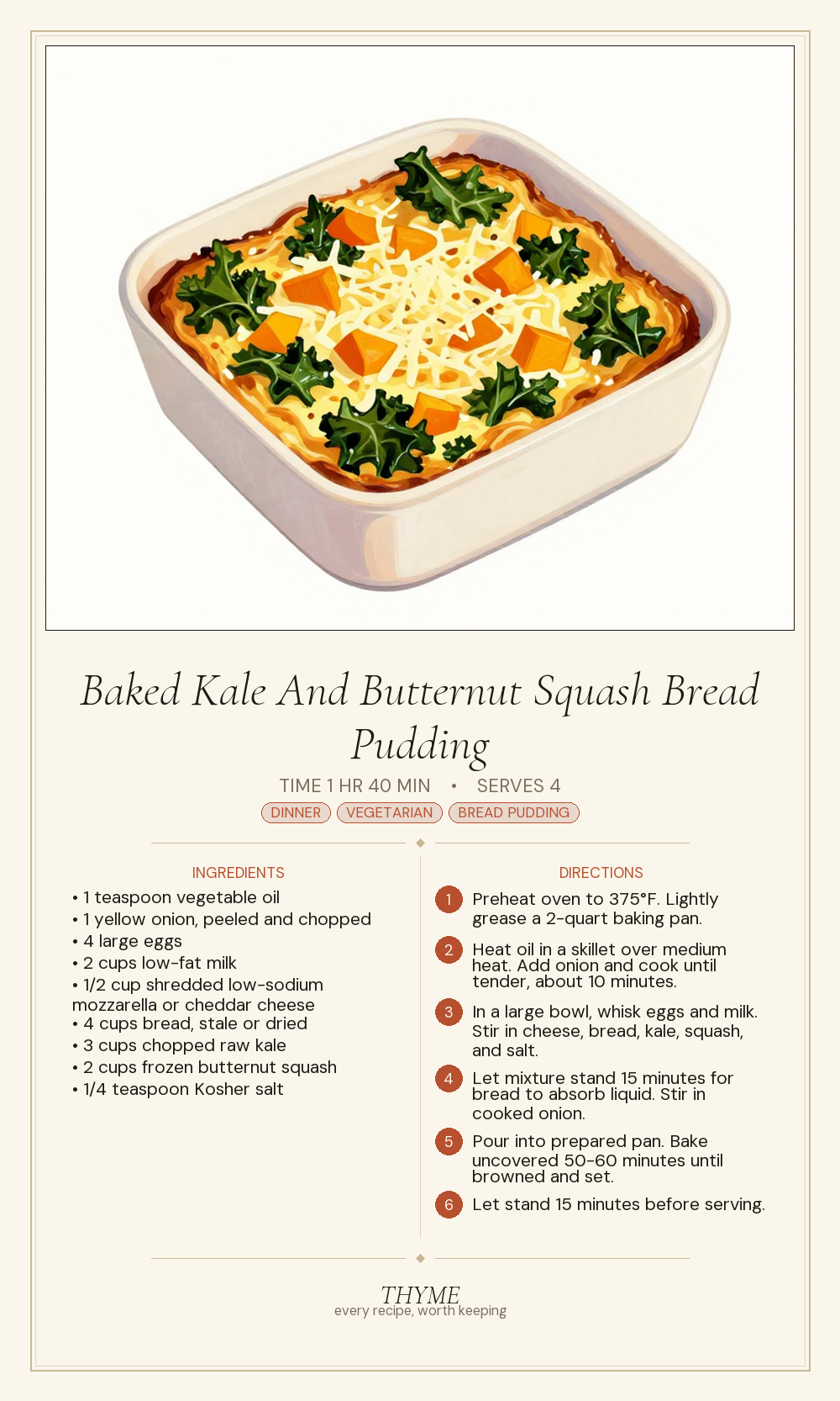 Baked Kale And Butternut Squash Bread Pudding