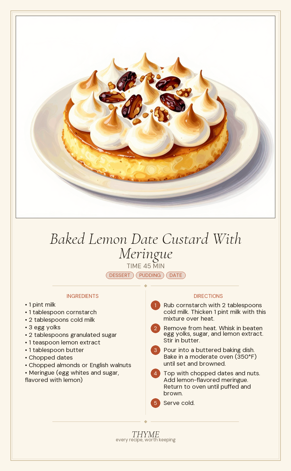 Baked Lemon Date Custard With Meringue