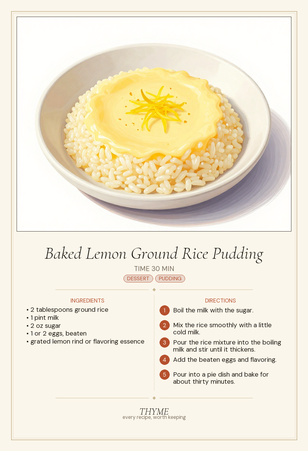 Baked Lemon Ground Rice Pudding