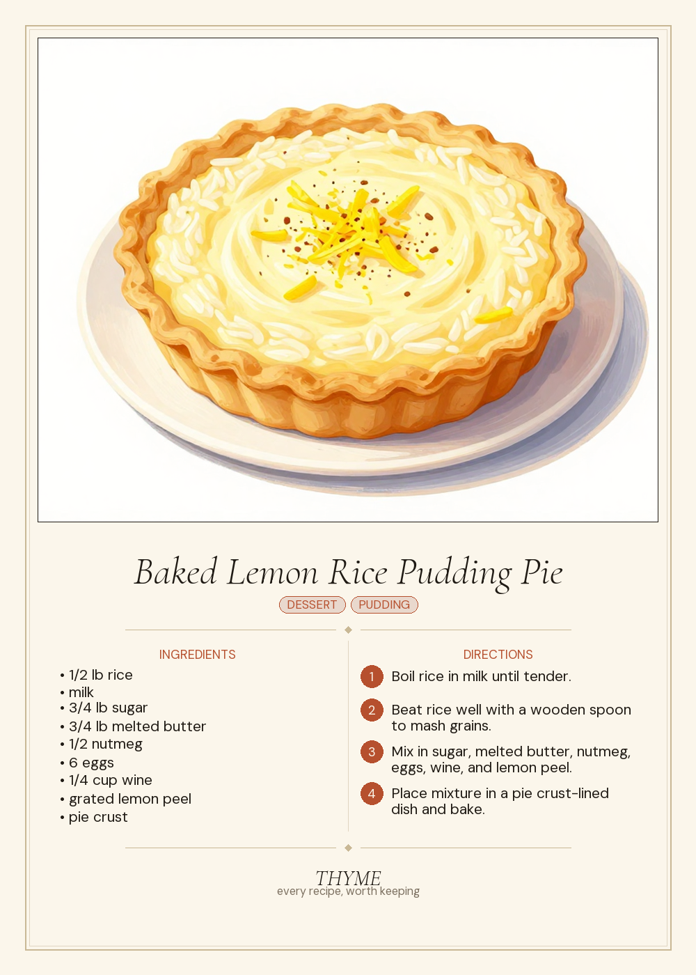 Baked Lemon Rice Pudding Pie