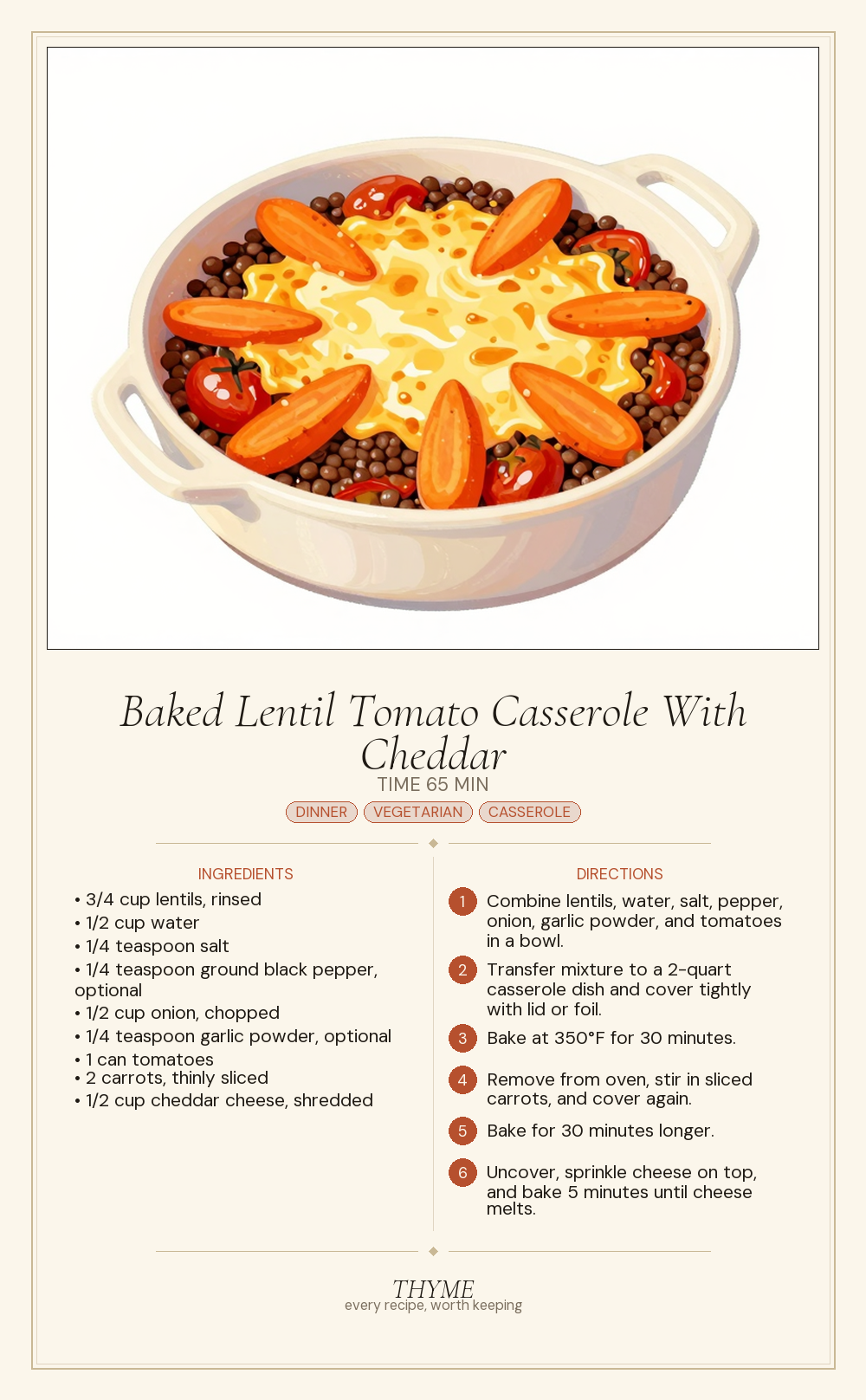 Baked Lentil Tomato Casserole With Cheddar
