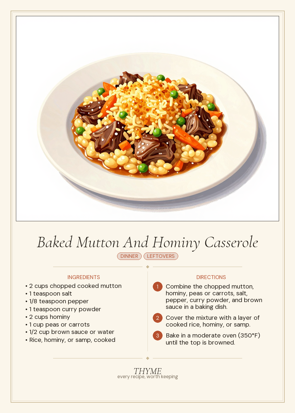 Baked Mutton And Hominy Casserole