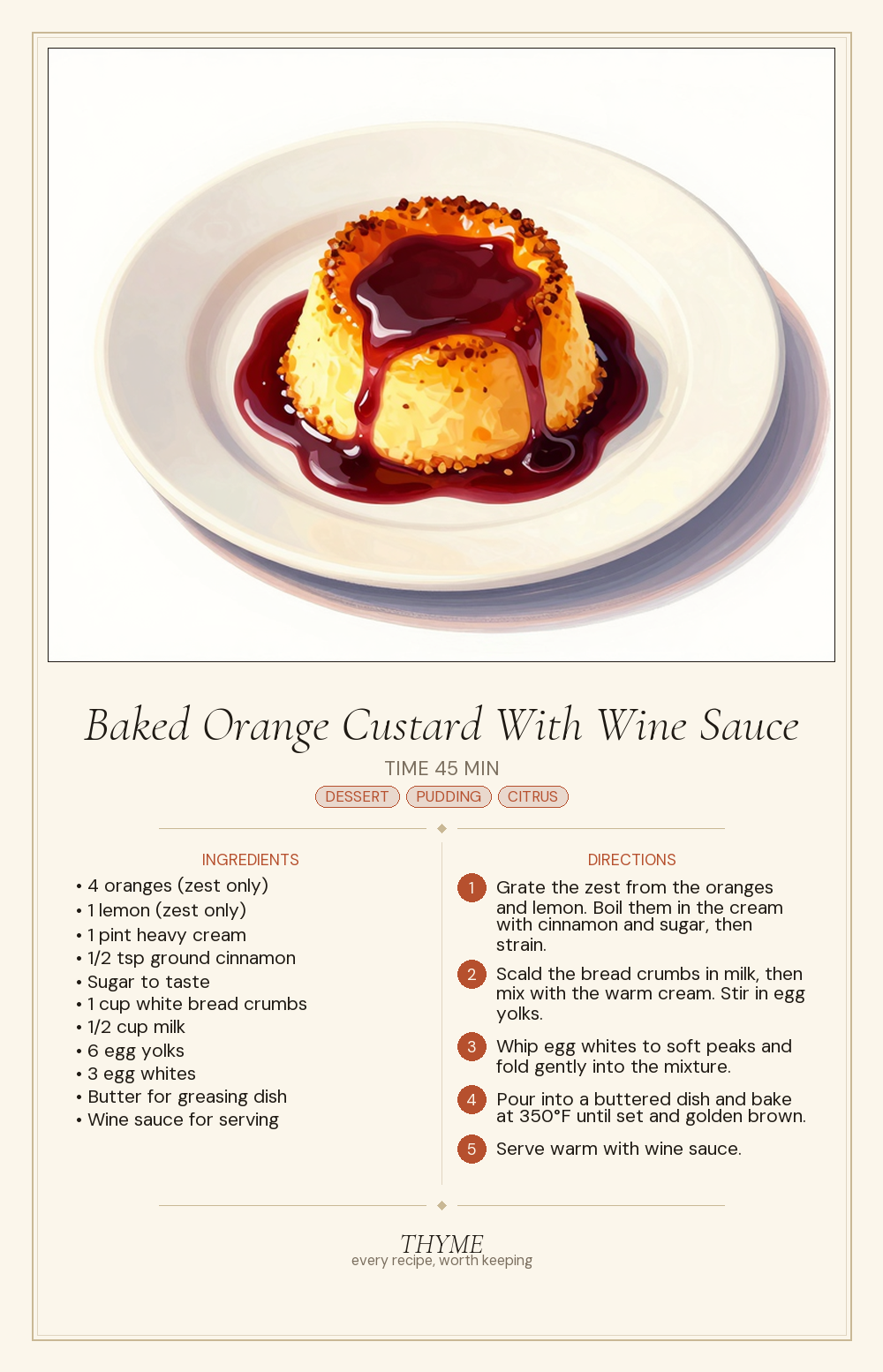 Baked Orange Custard With Wine Sauce