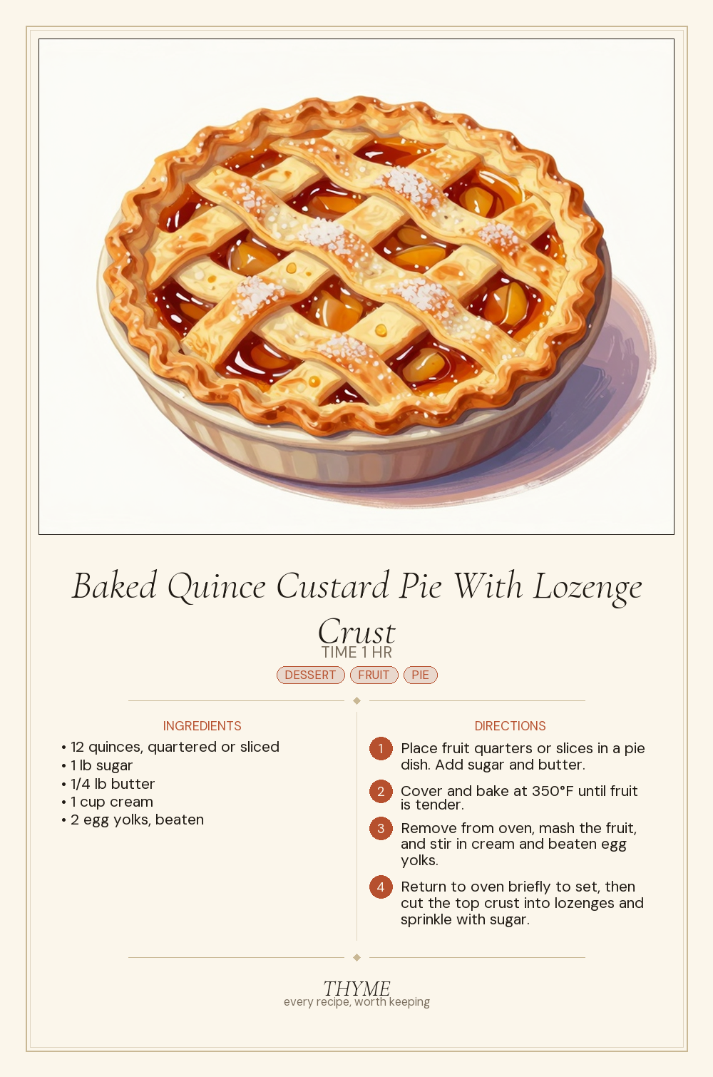 Baked Quince Custard Pie With Lozenge Crust