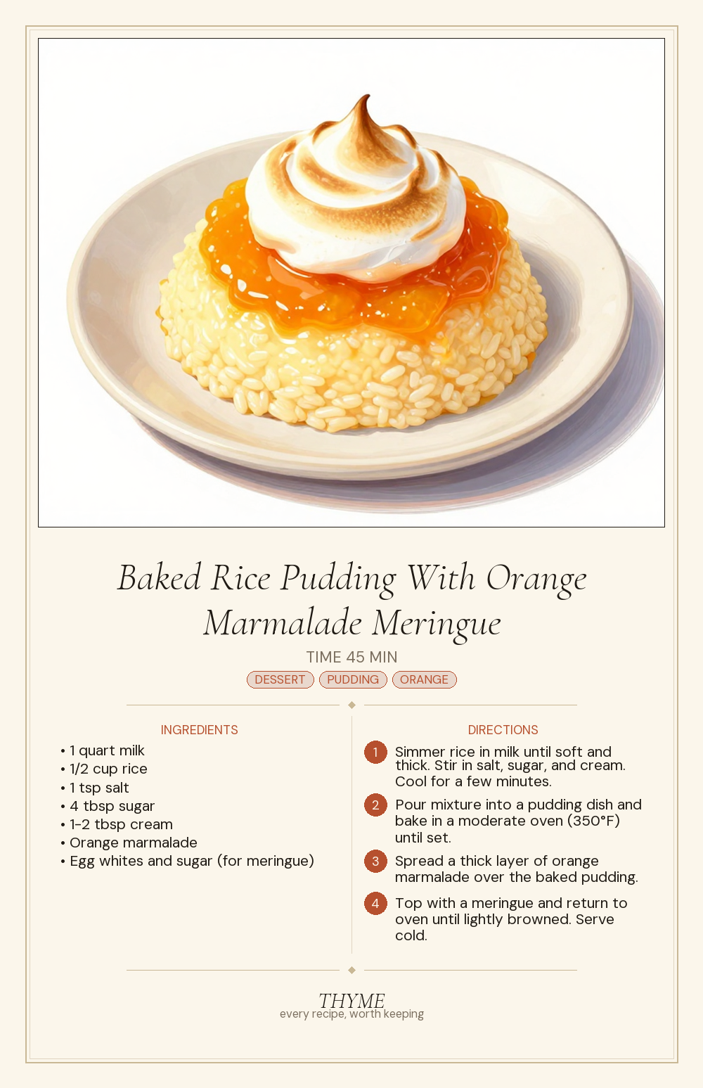 Baked Rice Pudding With Orange Marmalade Meringue