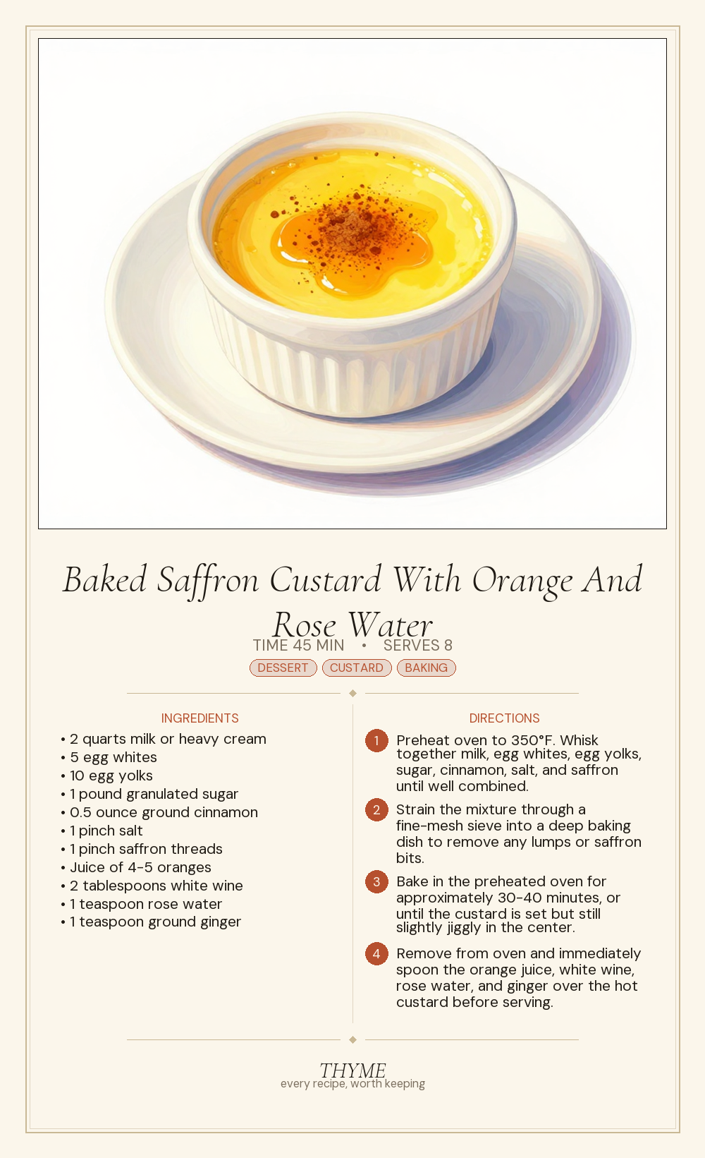 Baked Saffron Custard With Orange And Rose Water