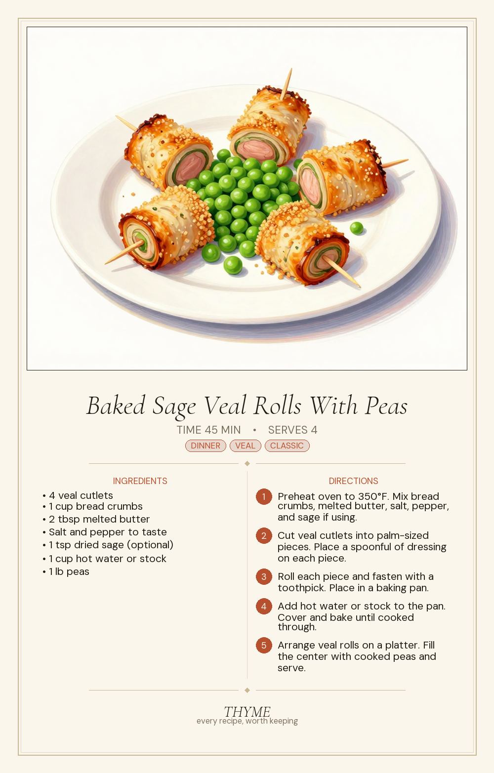Baked Sage Veal Rolls With Peas
