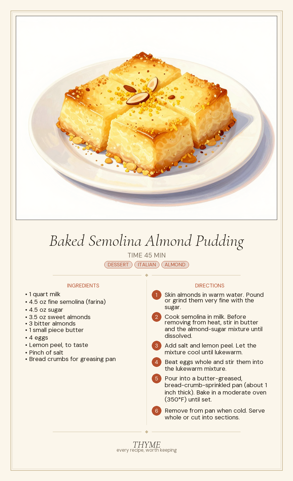 Baked Semolina Almond Pudding