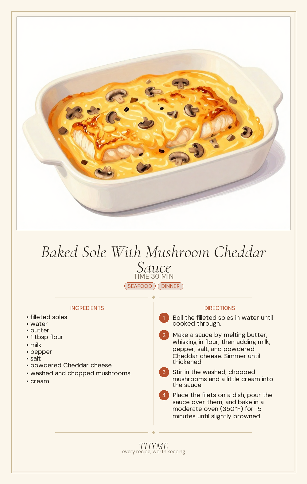 Baked Sole With Mushroom Cheddar Sauce