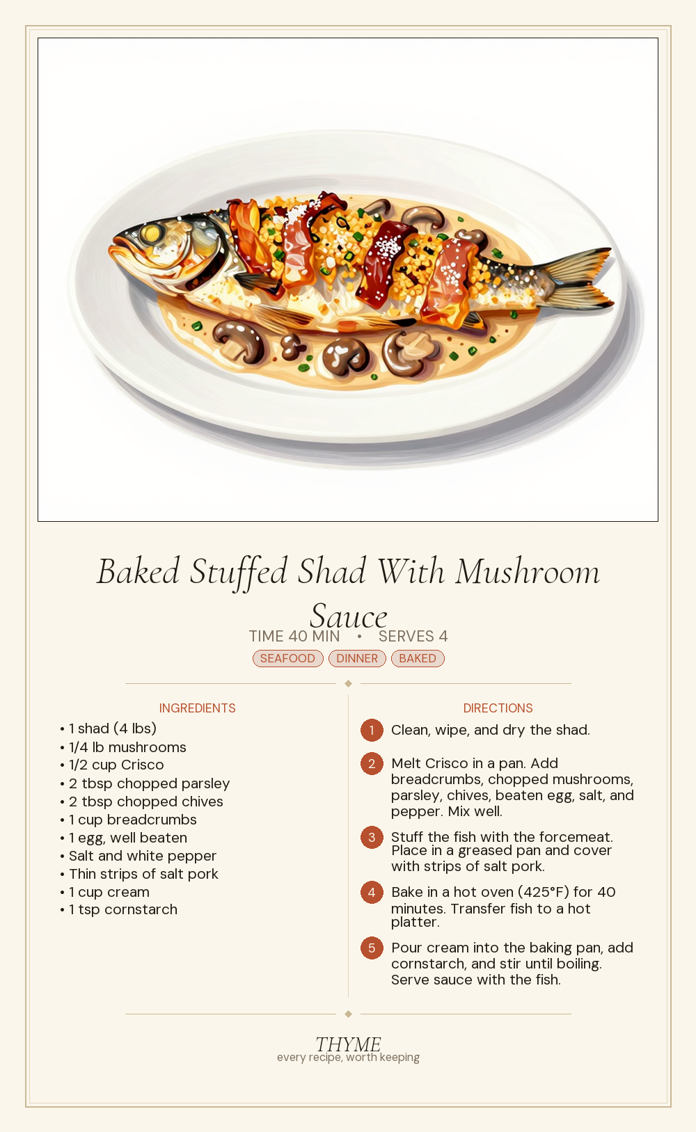 Baked Stuffed Shad With Mushroom Sauce