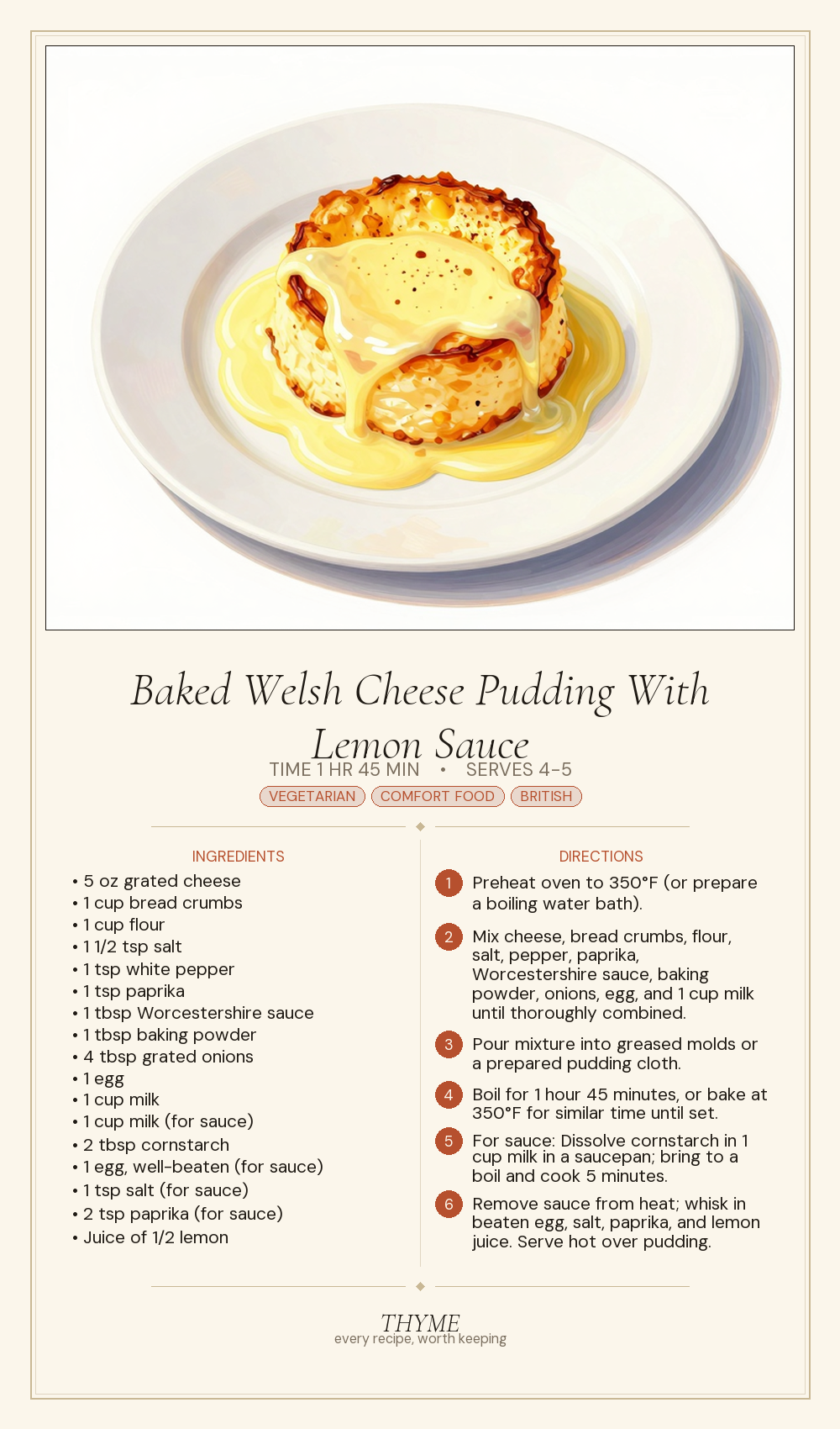 Baked Welsh Cheese Pudding With Lemon Sauce