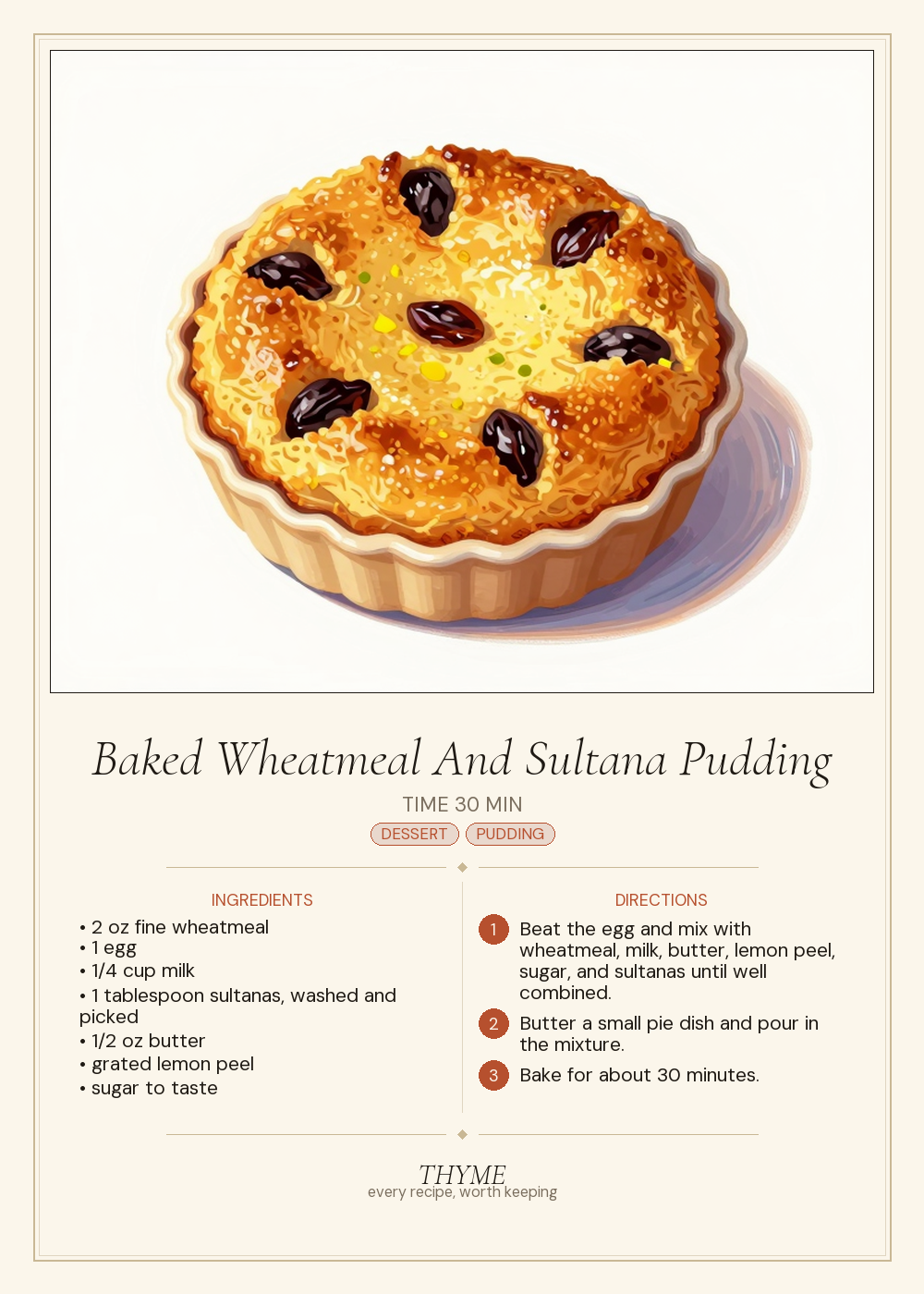 Baked Wheatmeal And Sultana Pudding