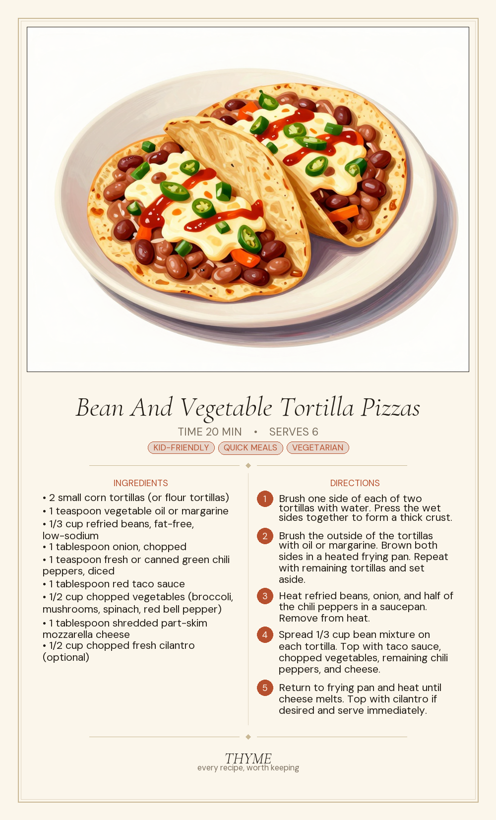 Bean And Vegetable Tortilla Pizzas