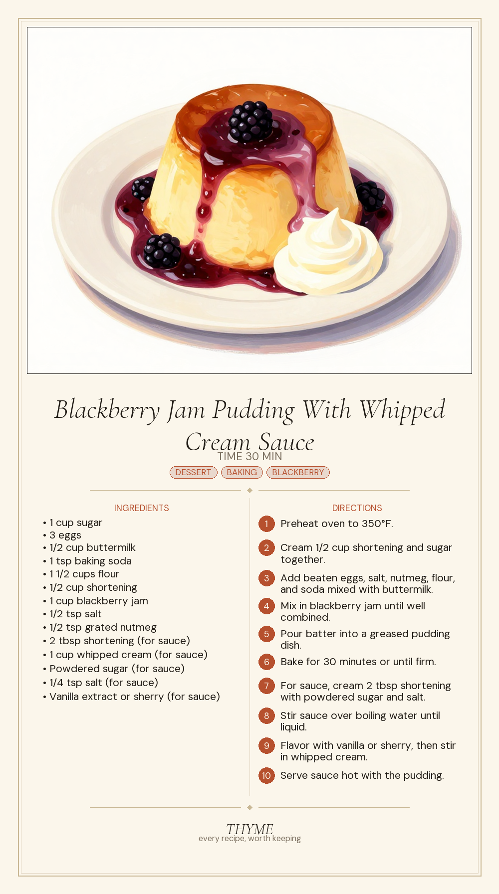 Blackberry Jam Pudding With Whipped Cream Sauce