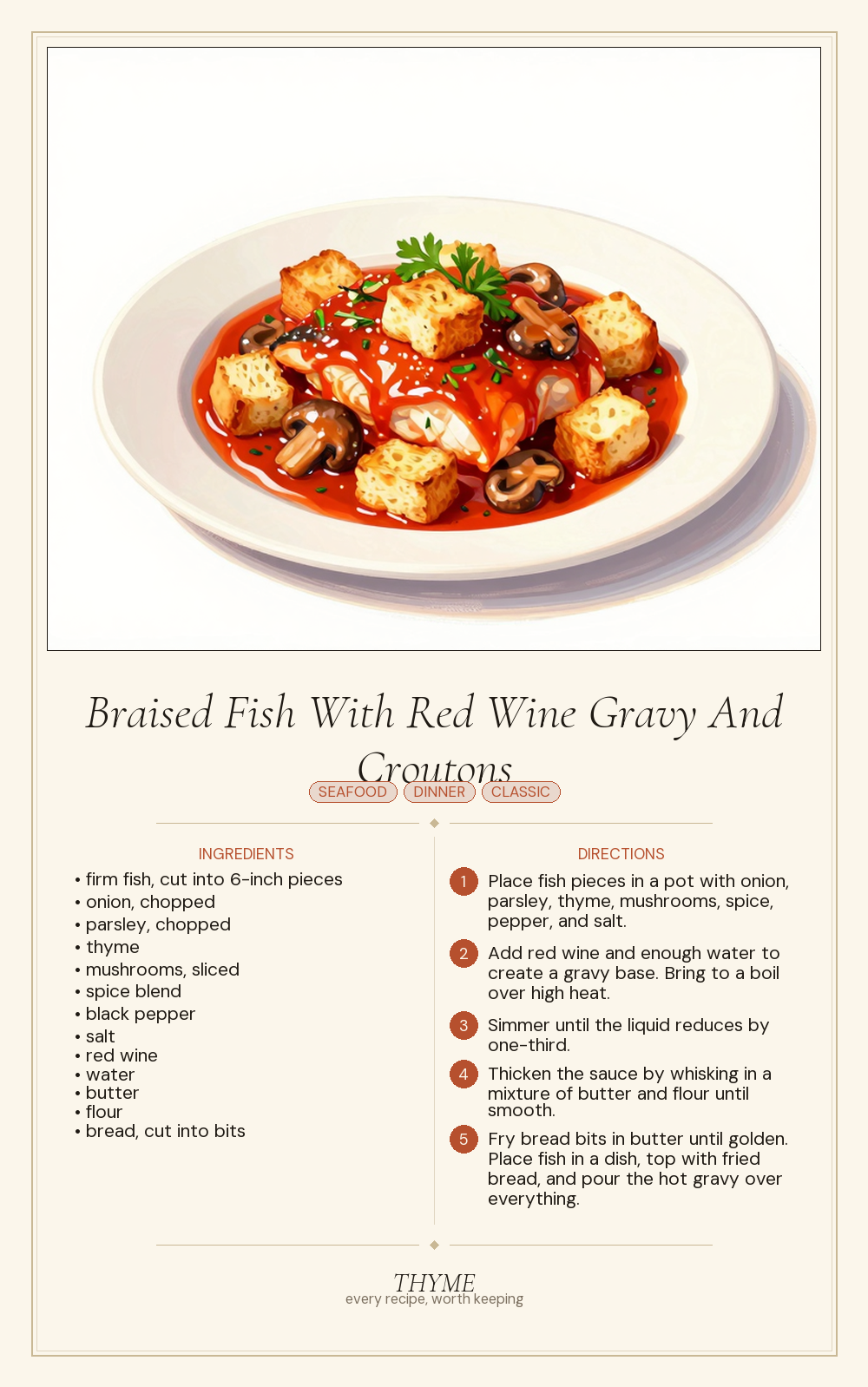 Braised Fish With Red Wine Gravy And Croutons