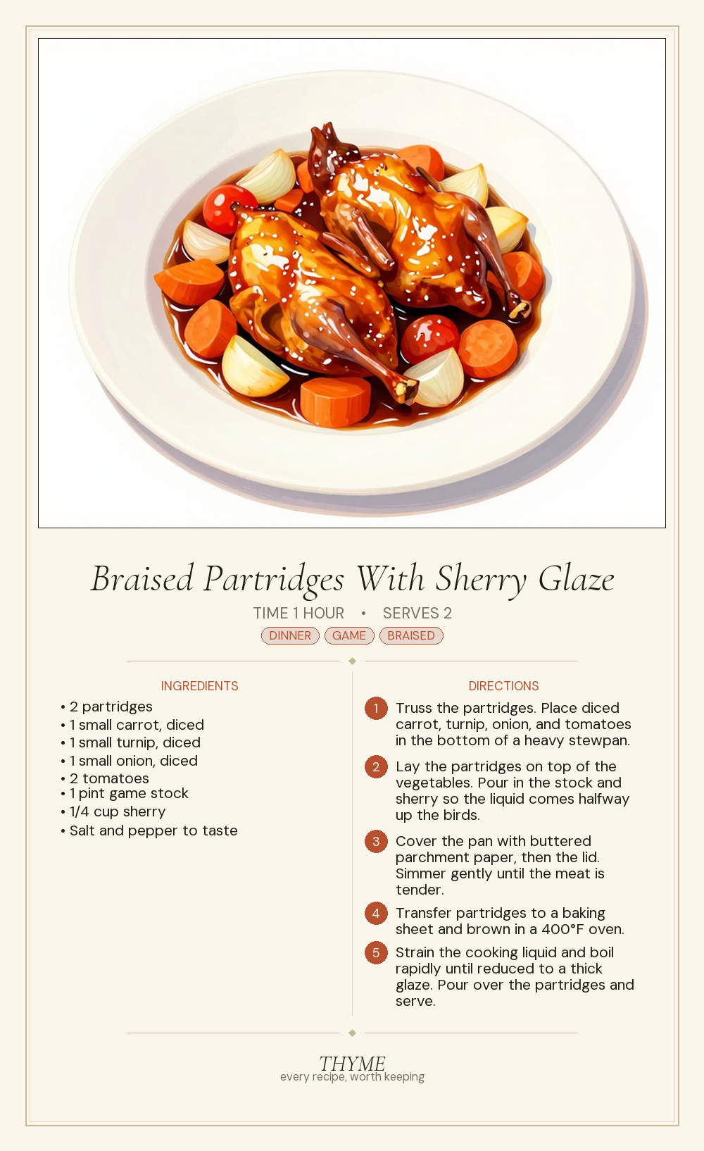Braised Partridges With Sherry Glaze
