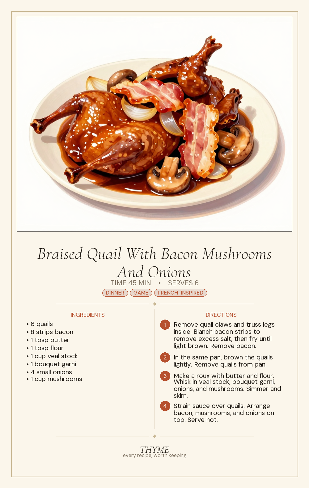Braised Quail With Bacon Mushrooms And Onions