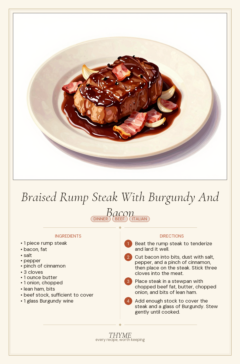 Braised Rump Steak With Burgundy And Bacon