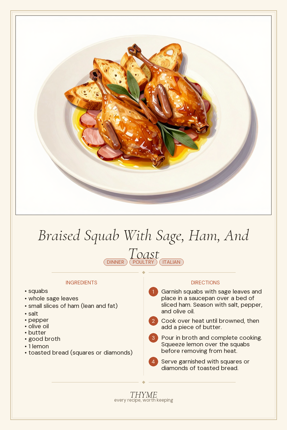 Braised Squab With Sage, Ham, And Toast