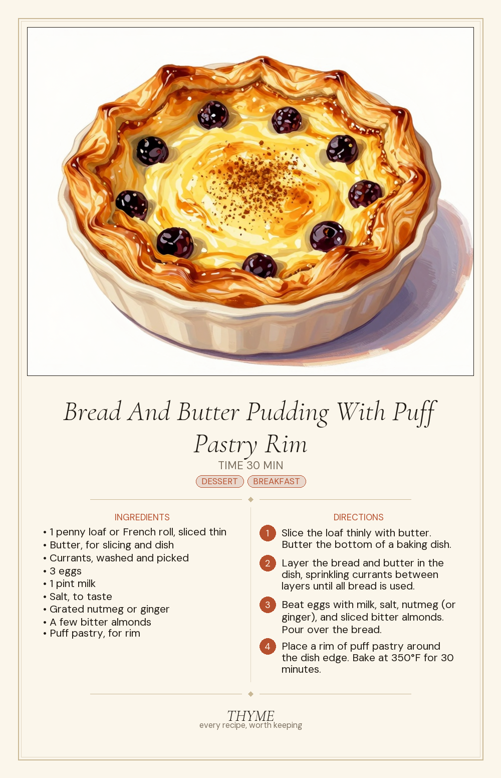 Bread And Butter Pudding With Puff Pastry Rim
