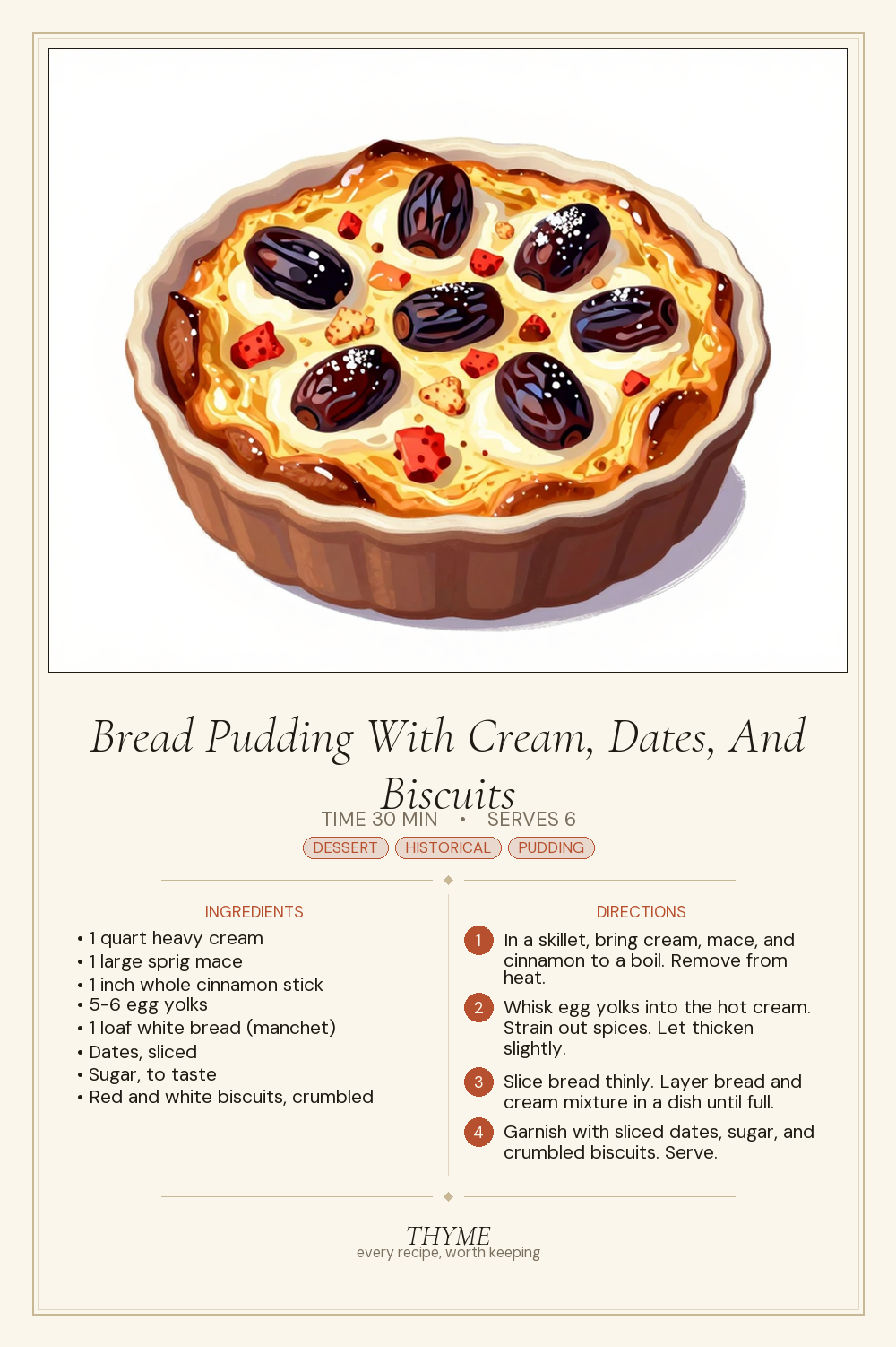 Bread Pudding With Cream, Dates, And Biscuits