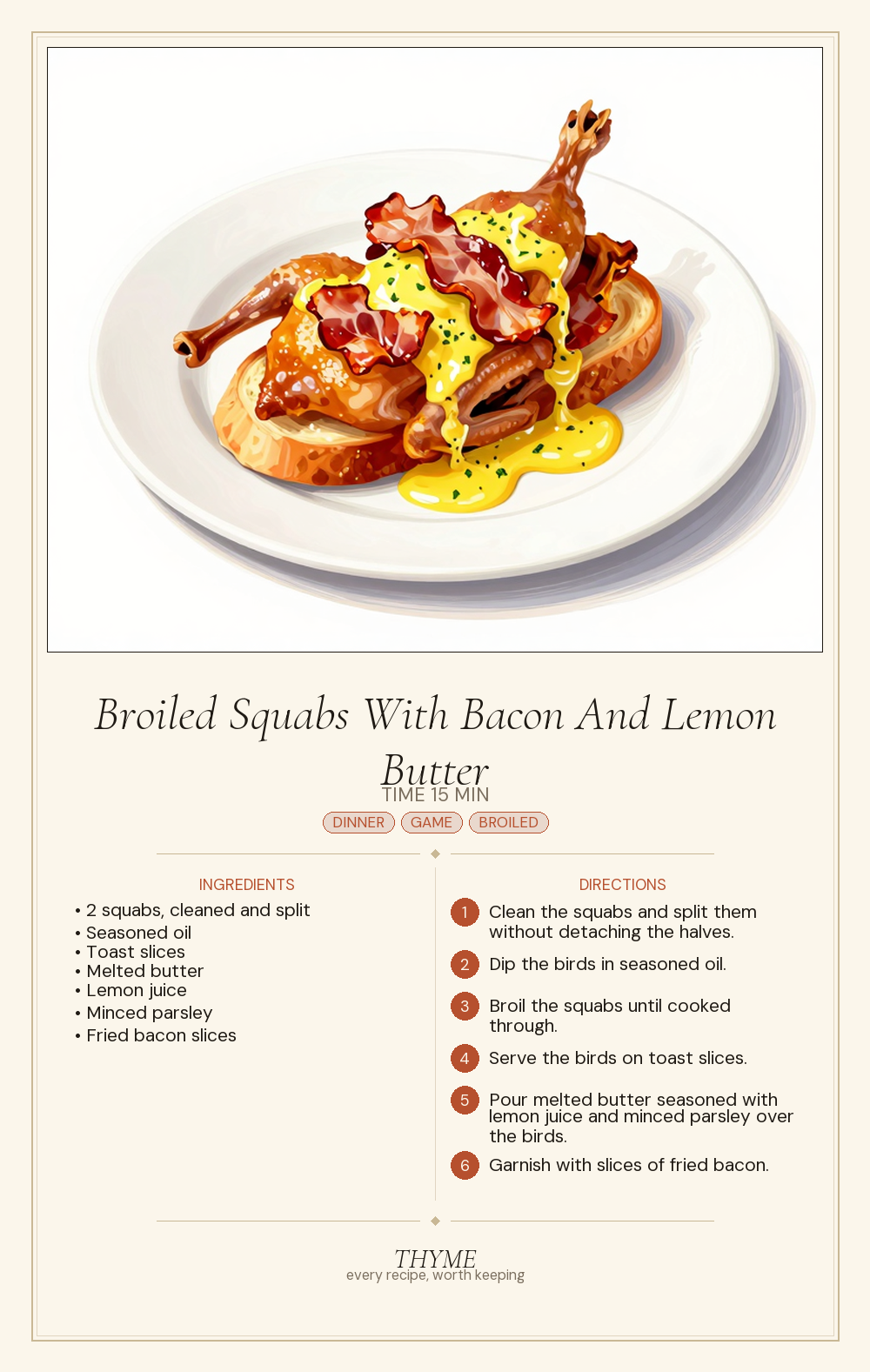 Broiled Squabs With Bacon And Lemon Butter