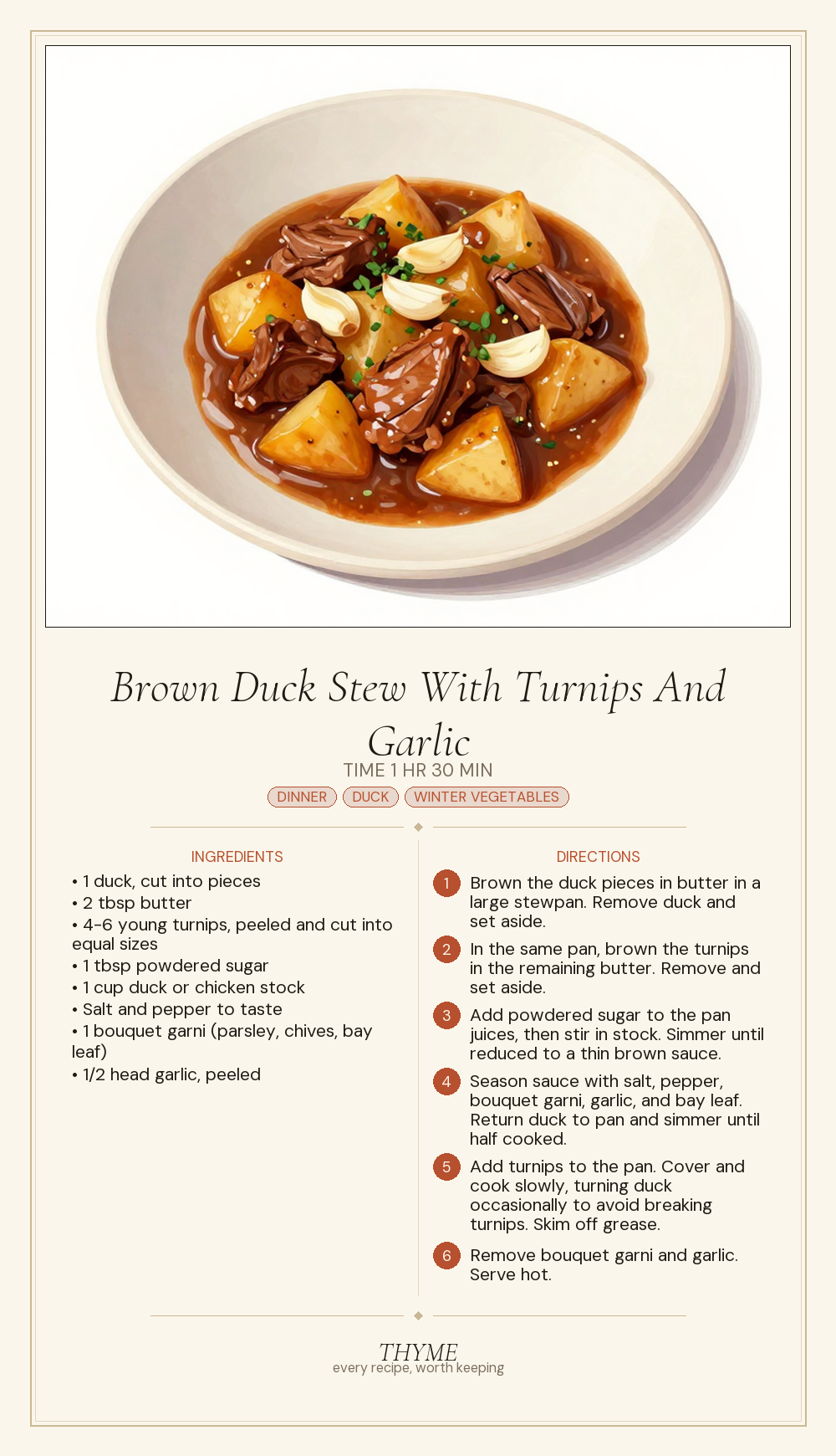 Brown Duck Stew With Turnips And Garlic