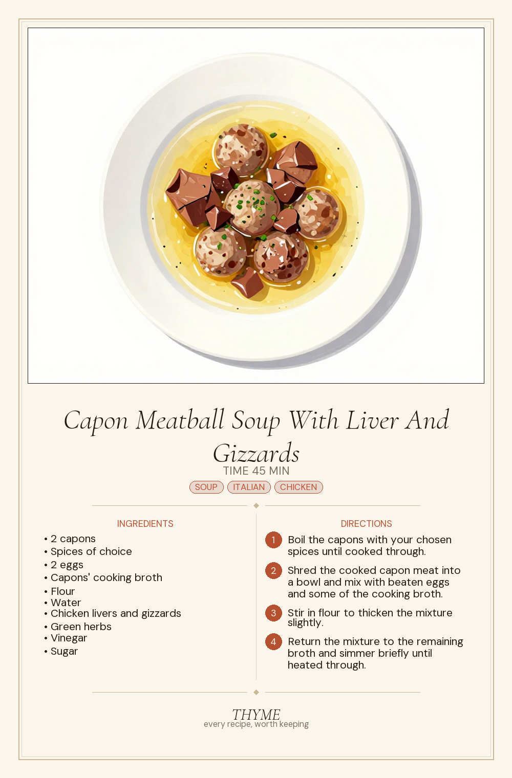 Capon Meatball Soup With Liver And Gizzards