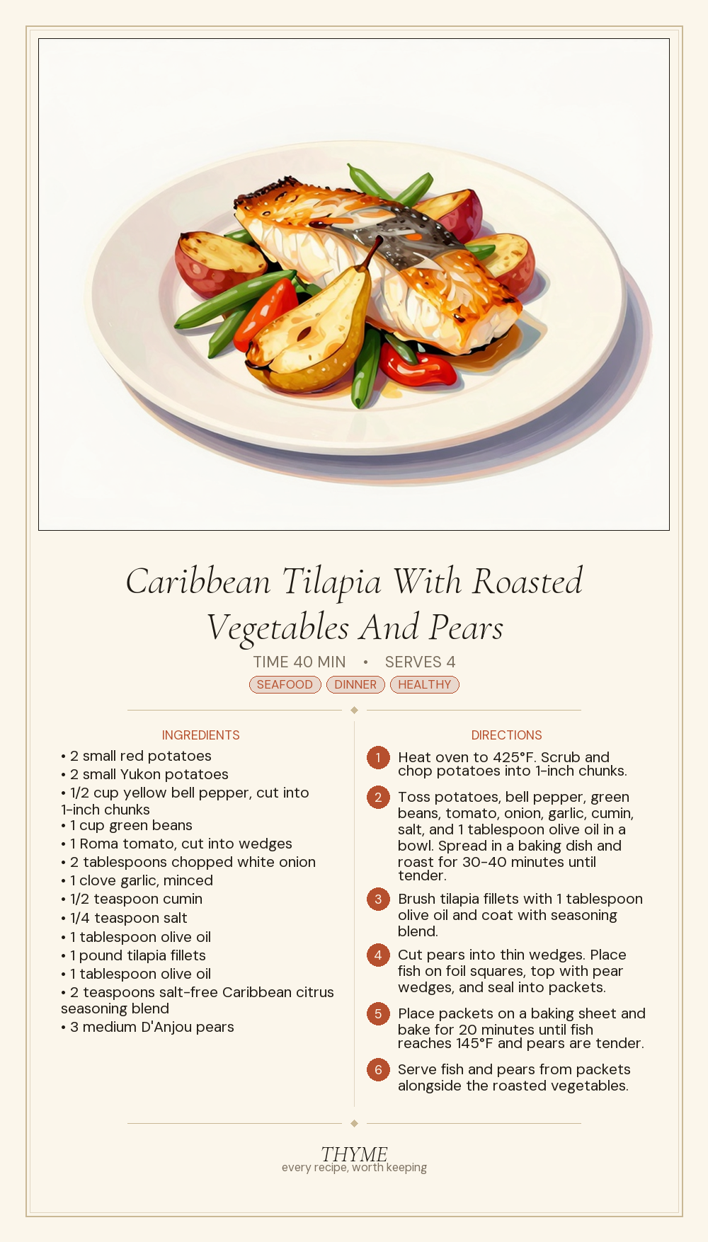 Caribbean Tilapia With Roasted Vegetables And Pears