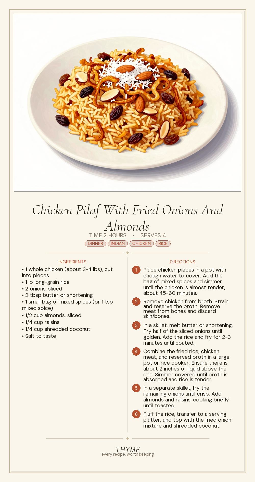 Chicken Pilaf With Fried Onions And Almonds