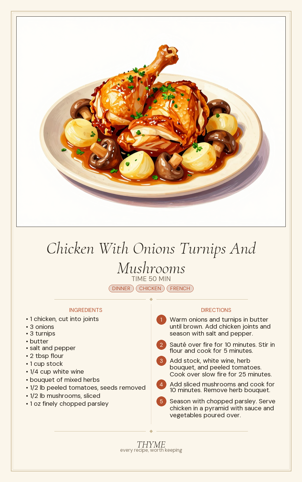 Chicken With Onions Turnips And Mushrooms