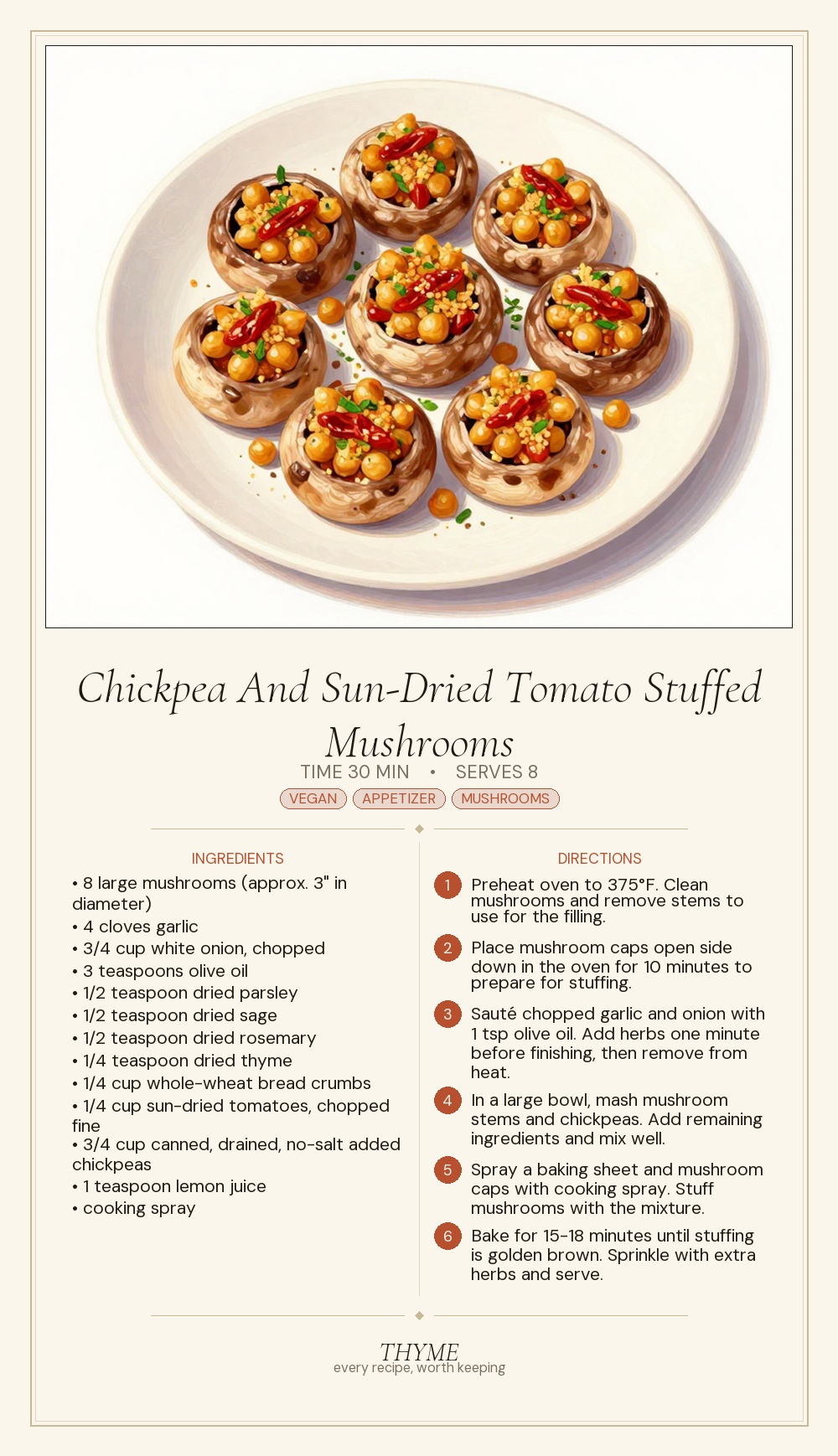 Chickpea And Sun-Dried Tomato Stuffed Mushrooms