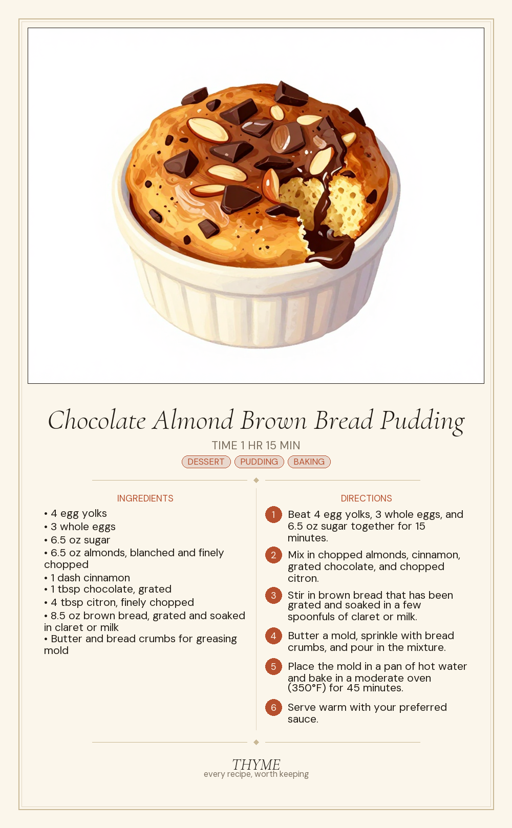 Chocolate Almond Brown Bread Pudding