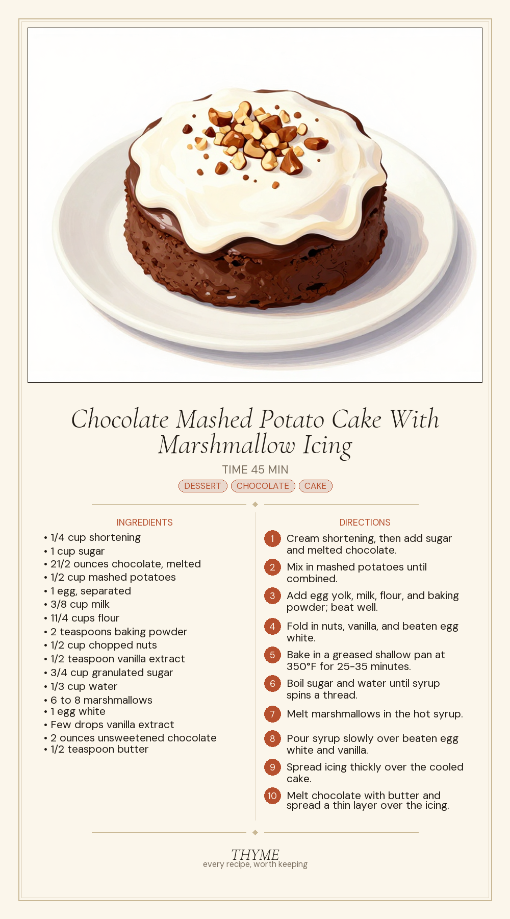 Chocolate Mashed Potato Cake With Marshmallow Icing