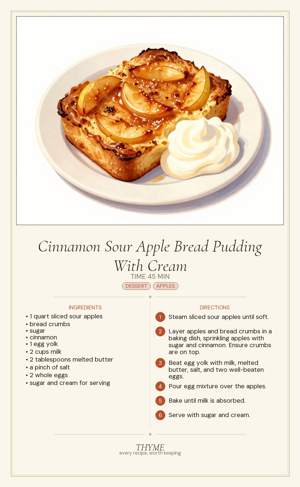 Cinnamon Sour Apple Bread Pudding With Cream