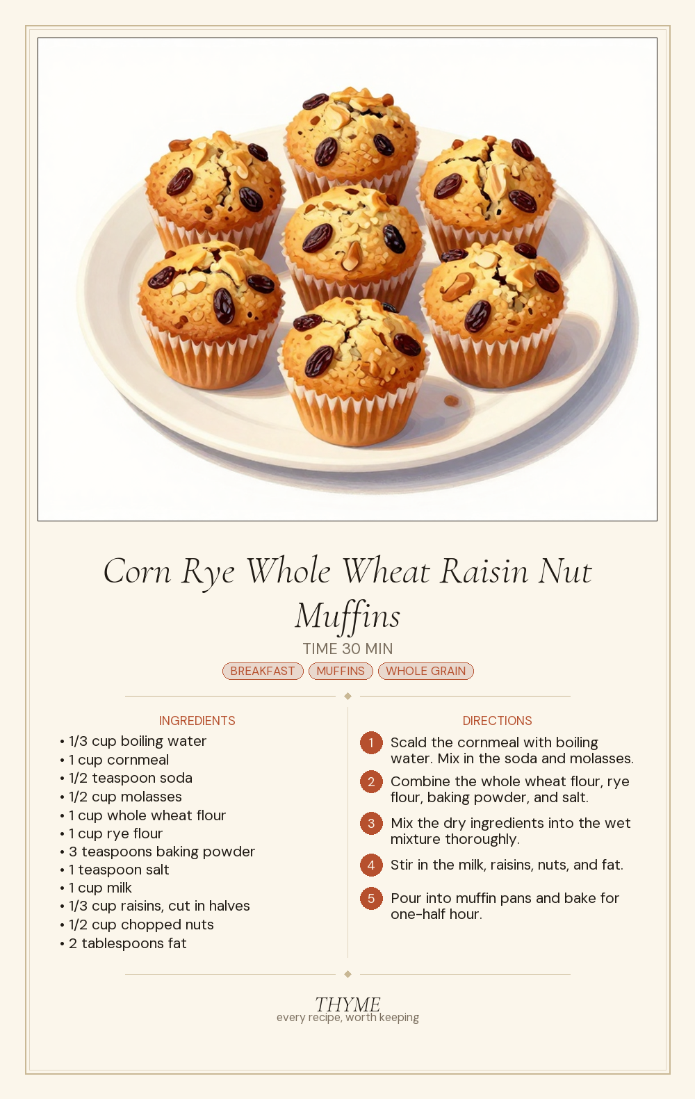 Corn Rye Whole Wheat Raisin Nut Muffins