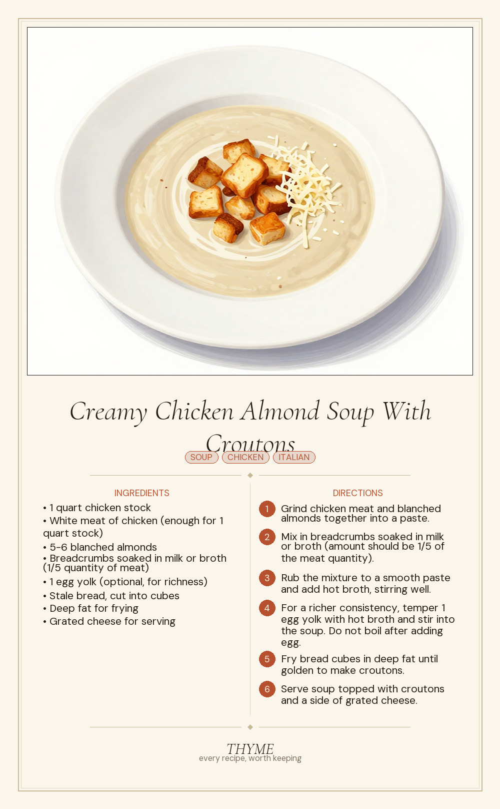 Creamy Chicken Almond Soup With Croutons