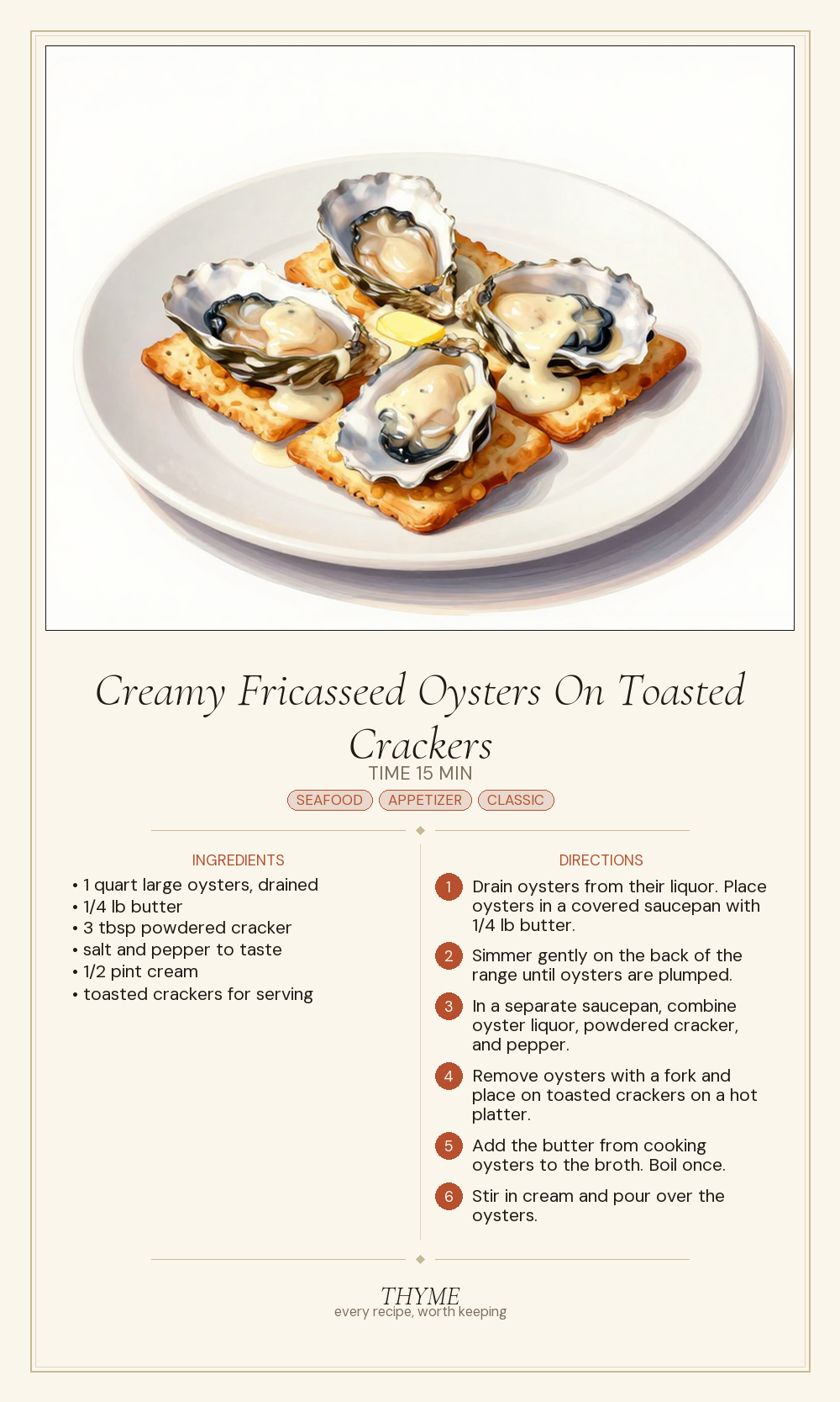 Creamy Fricasseed Oysters On Toasted Crackers