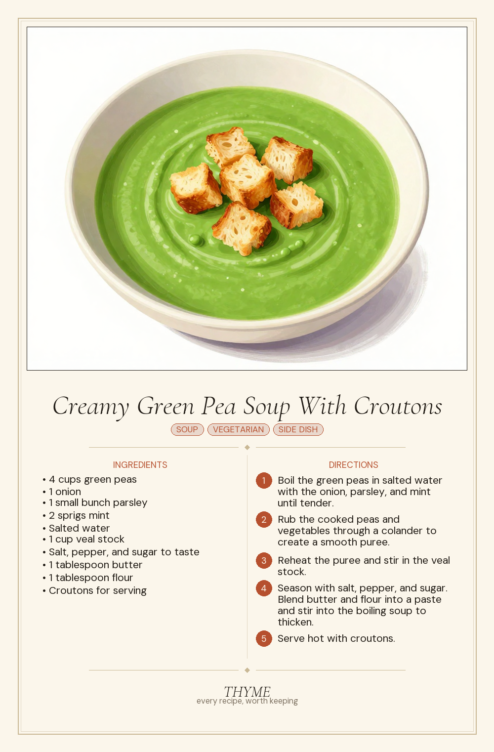 Creamy Green Pea Soup With Croutons