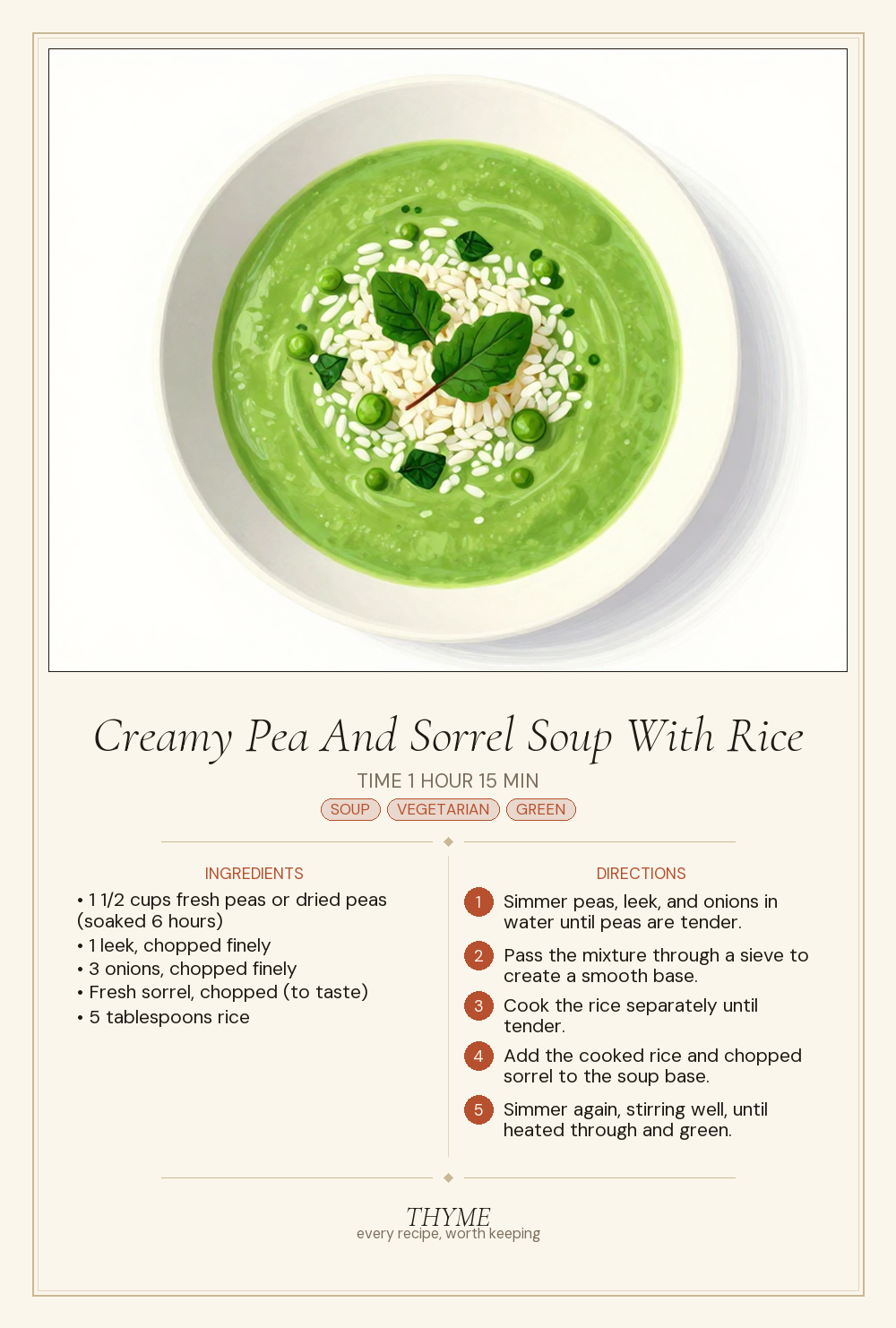 Creamy Pea And Sorrel Soup With Rice
