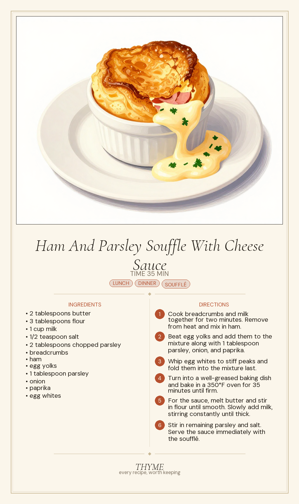 Ham And Parsley Souffle With Cheese Sauce