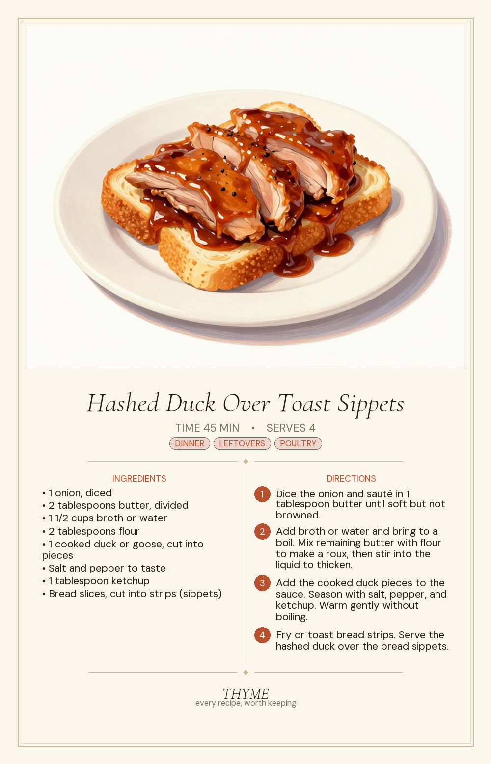 Hashed Duck Over Toast Sippets
